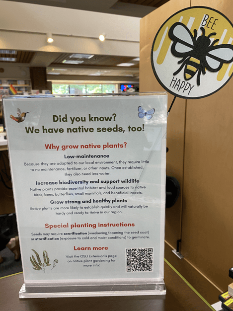 Poster at the Lake Oswego Public Library seed bank promoting native plants
